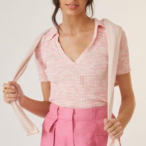 Scotch & Soda Polo Shirt Pink White Ribbed Knit Collared V-Neck Top XS